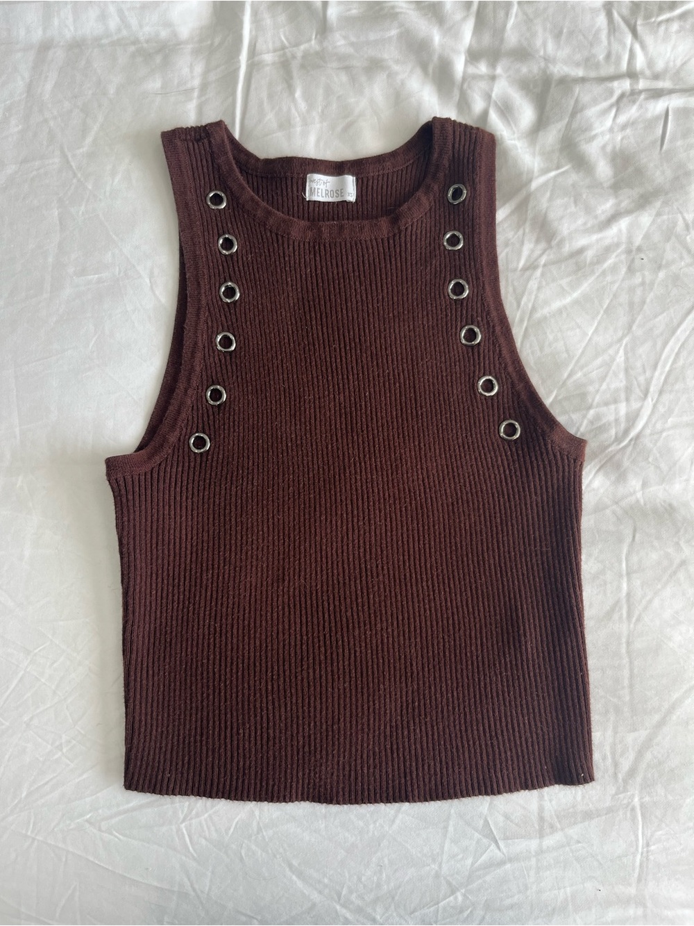 Ribbed Sleeveless Top in Deep Brown with Eyelet Detail
